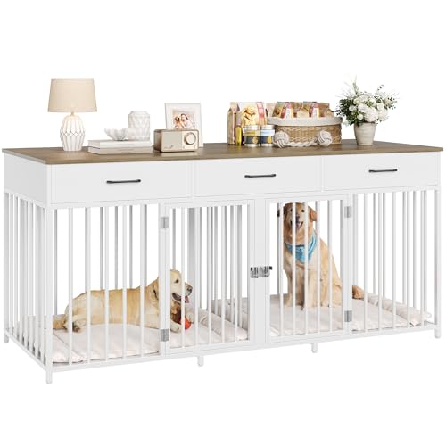 White 71" Wide Double Dog Crate with 3 Drawers Y281597