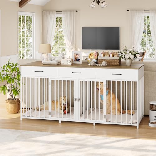 White 71" Wide Double Dog Crate with 3 Drawers Y281597