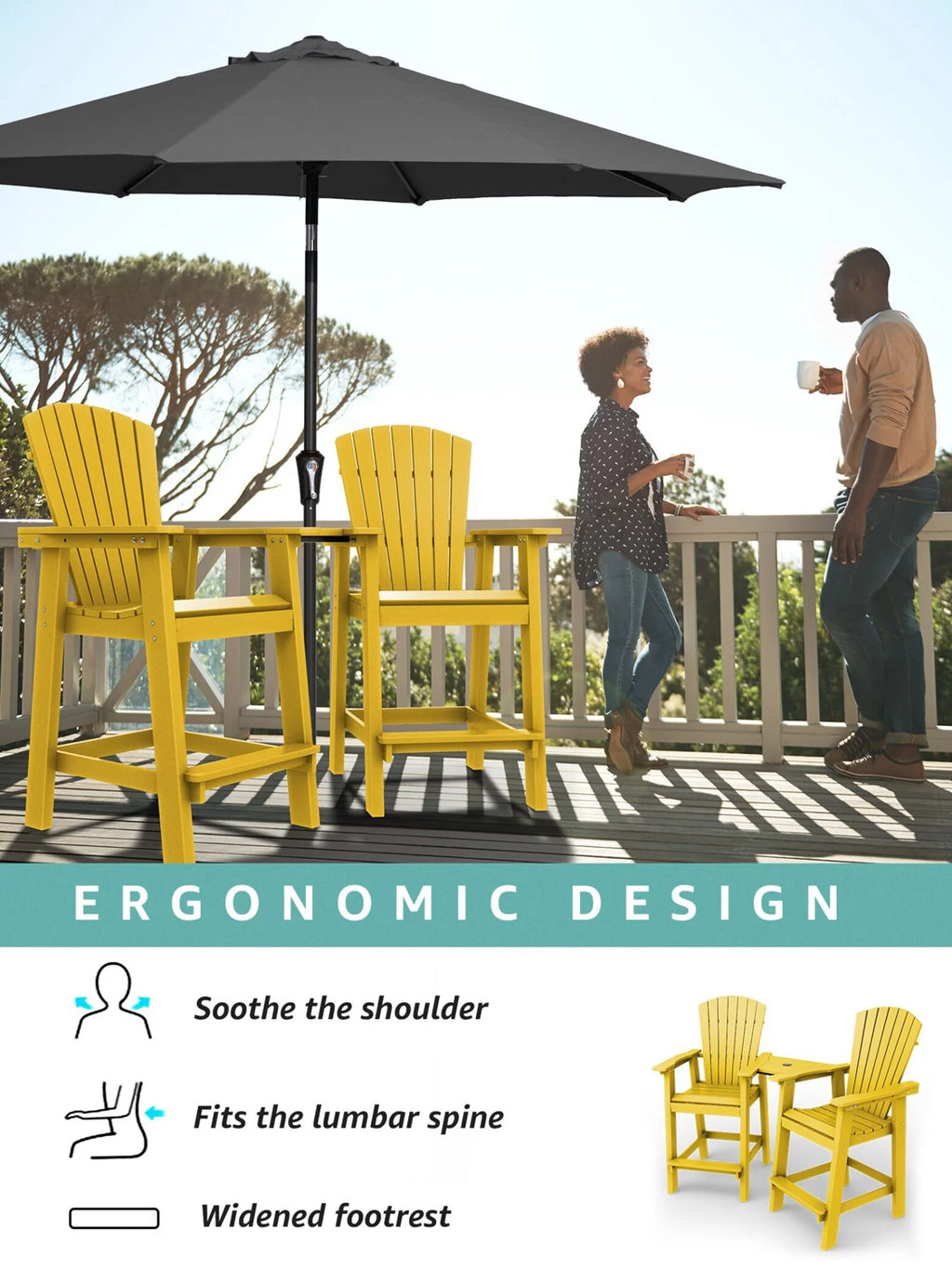 Tall Adirondack Chair Set with 2 Outdoor Barstools and Connecting Tray V484499