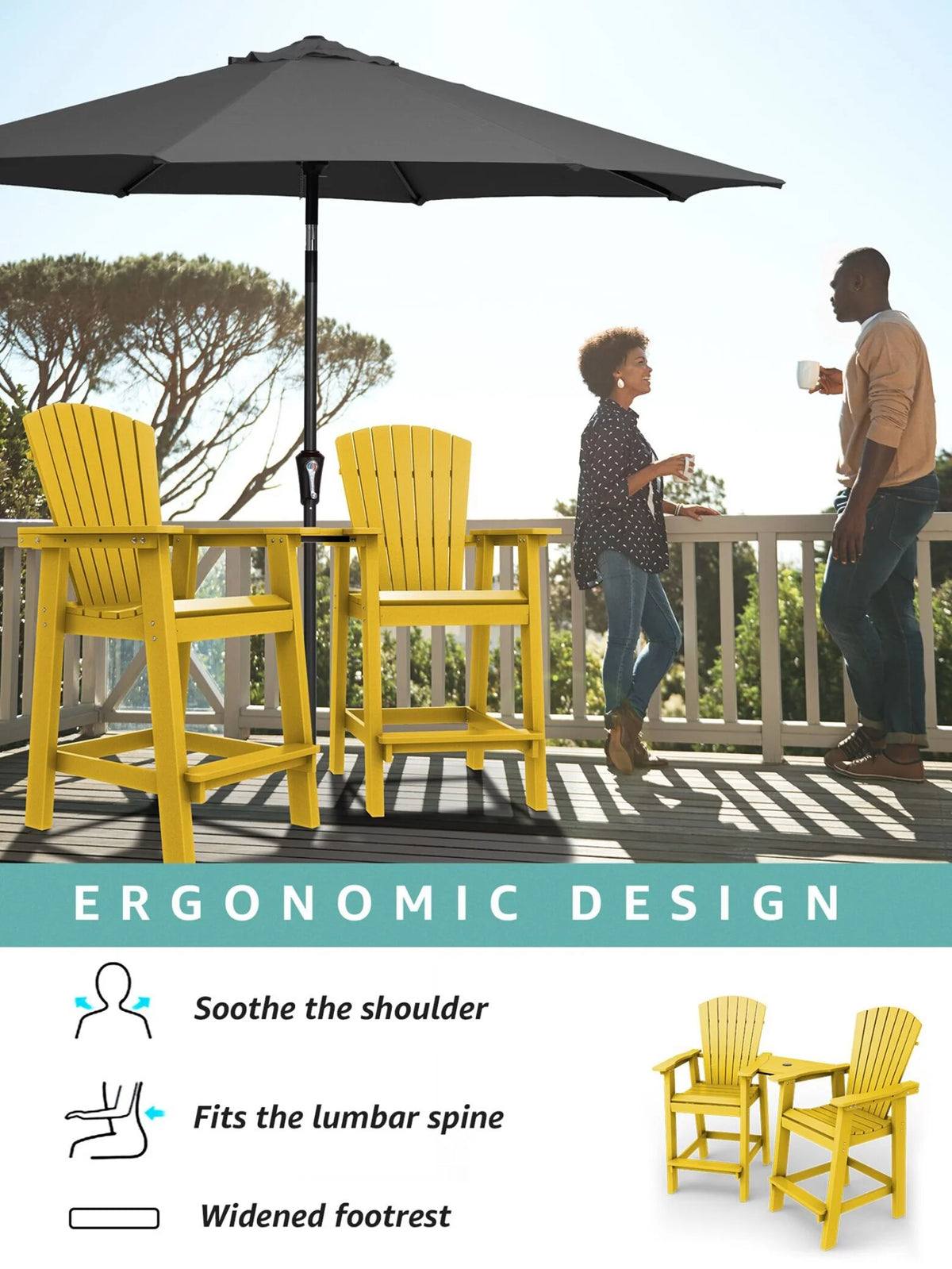 Tall Adirondack Chair Set with 2 Outdoor Barstools and Connecting Tray V484499