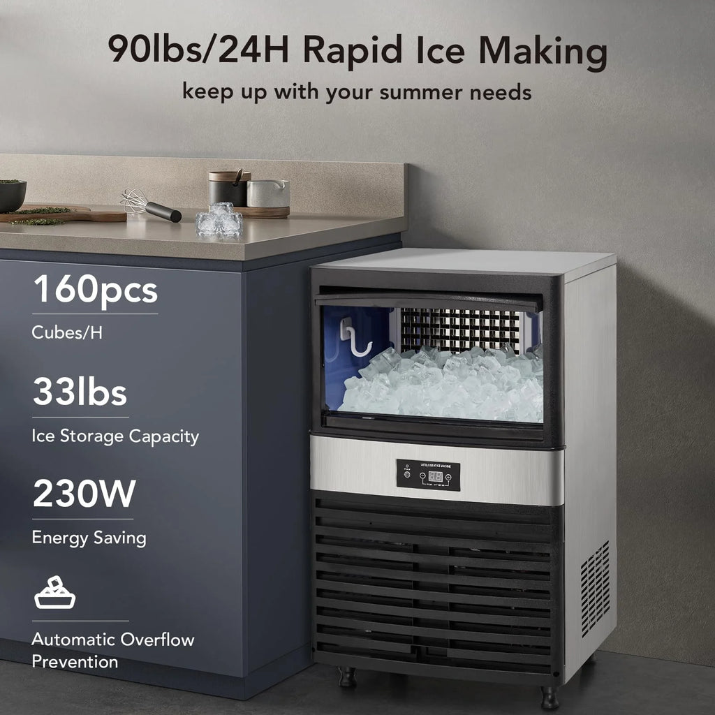 Commercial Stainless Steel Ice Maker Machine with 33lbs Ice Storage K859