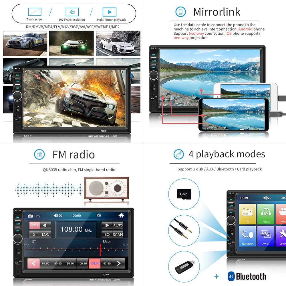 7 Inch Double Din Bluetooth Car Stereo Receiver with Rear View Camera K420957