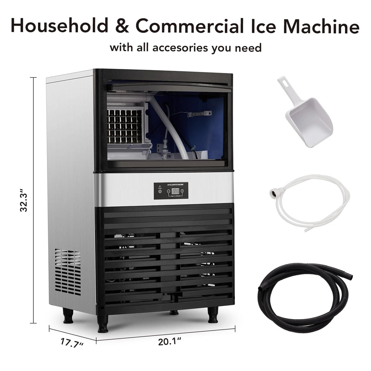 Commercial Stainless Steel Ice Maker Machine with 33lbs Ice Storage K859