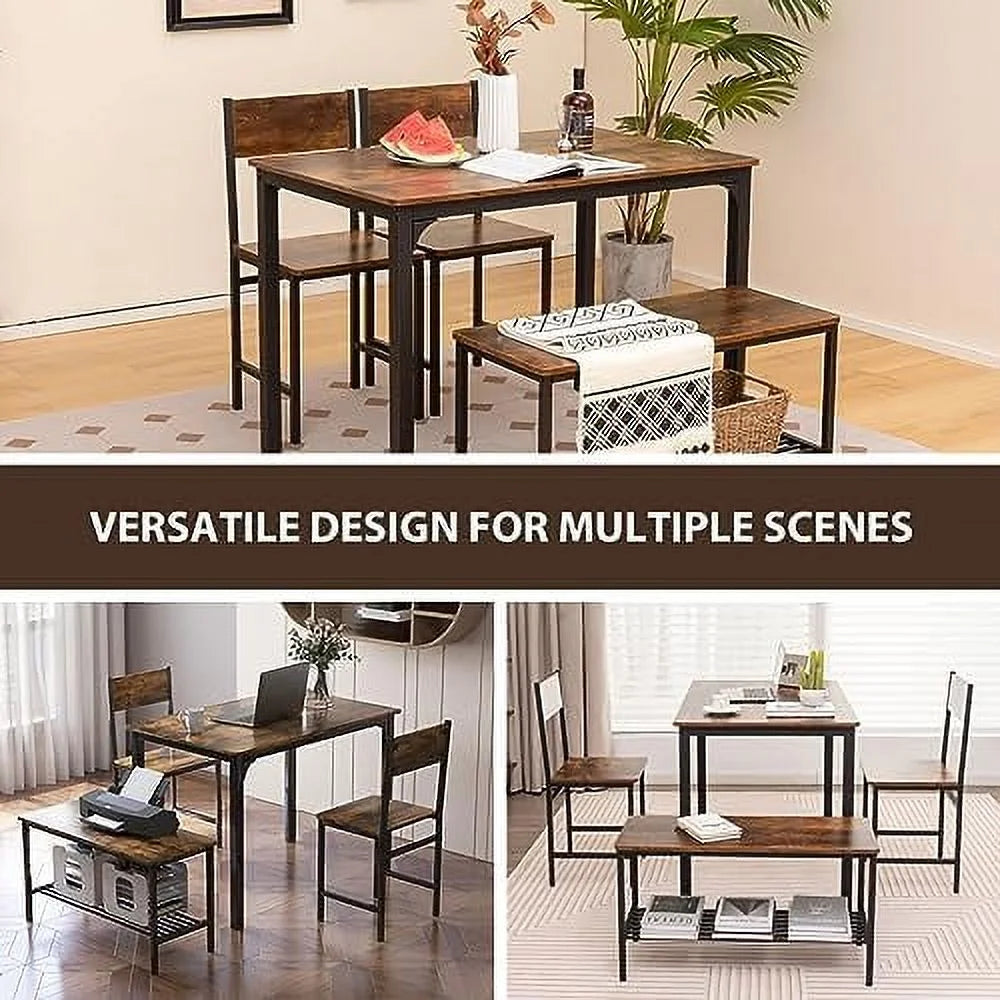 4-Piece Dining Table Set with Bench and Chairs Metal Frame M86175