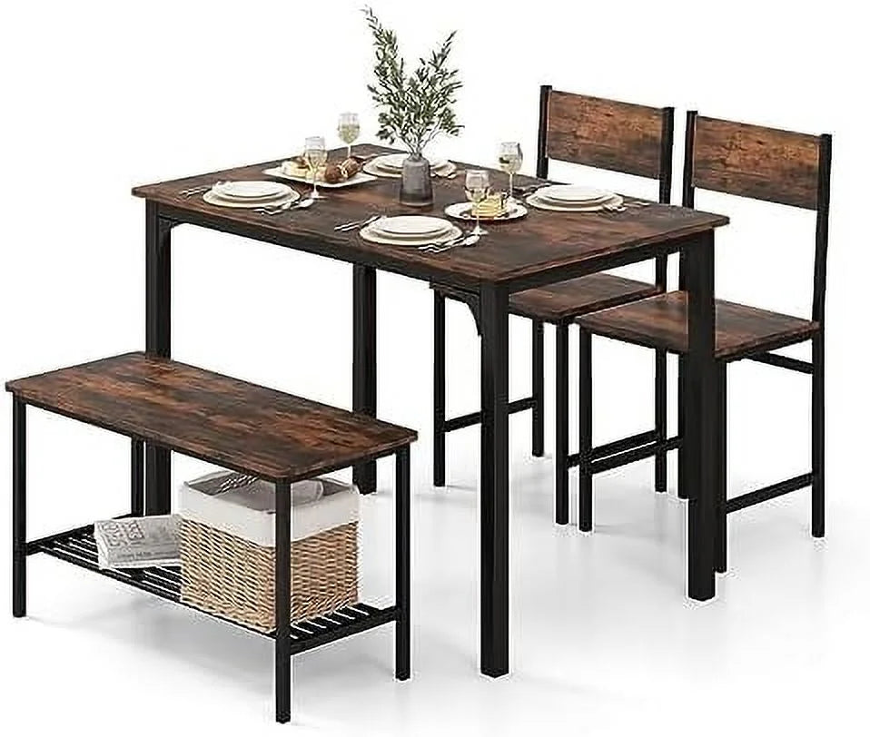 4-Piece Dining Table Set with Bench and Chairs Metal Frame M86175