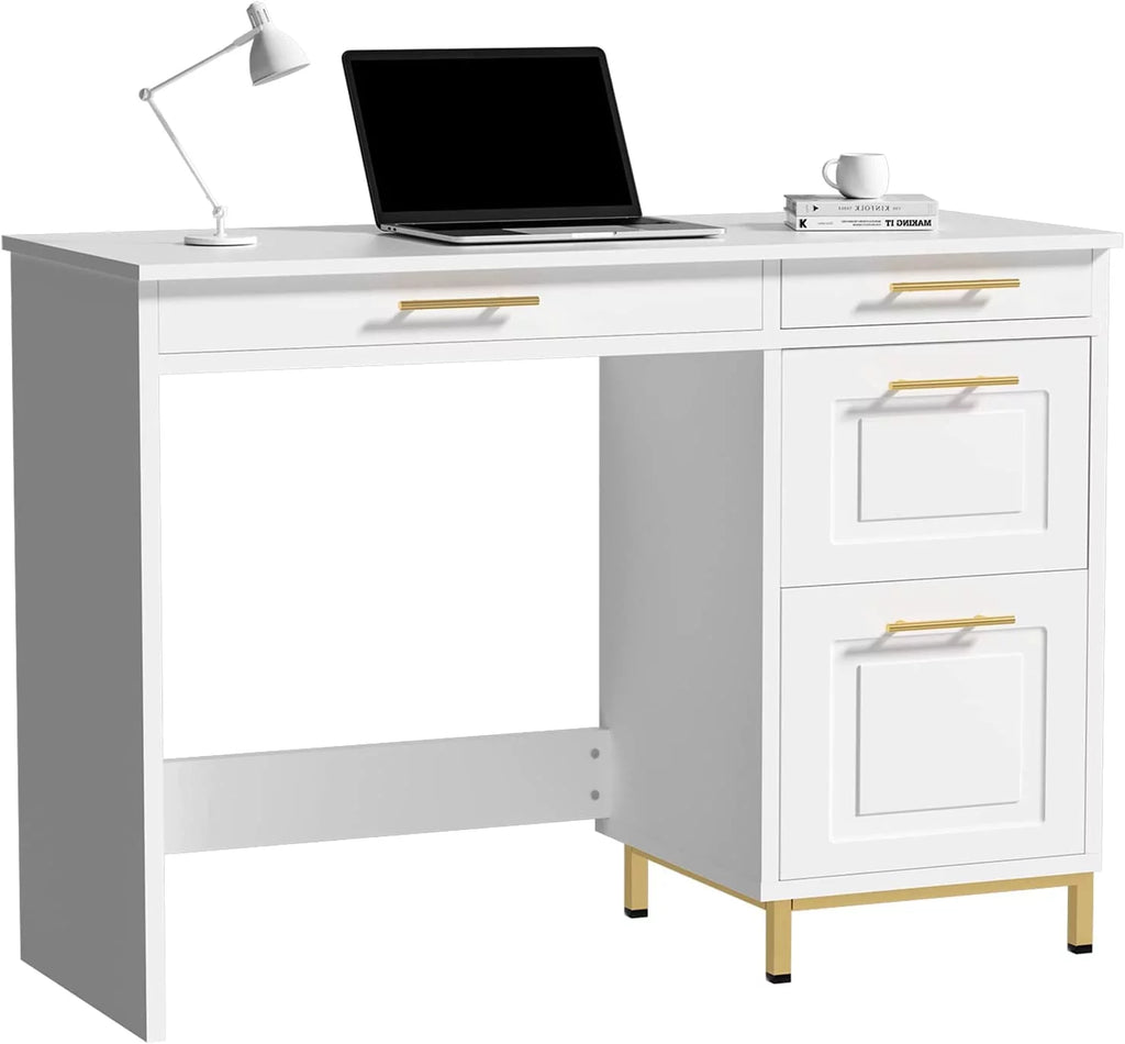 White and Gold Computer Desk with 4 Drawers E97203