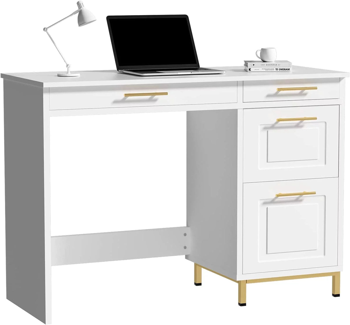 White and Gold Computer Desk with 4 Drawers E97203