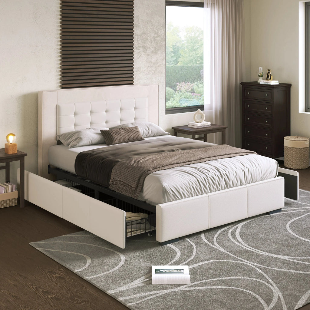 Queen Platform Bed Frame with Four Drawers Beige U990304