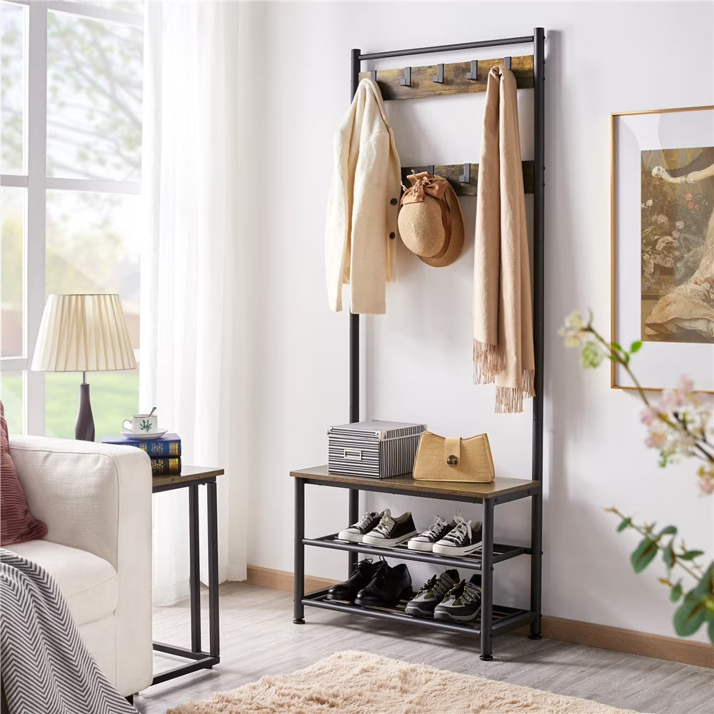 Rustic Brown Wooden Entryway Coat Rack with Shoe Storage Bench H20236