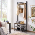 Rustic Brown Wooden Entryway Coat Rack with Shoe Storage Bench H20236