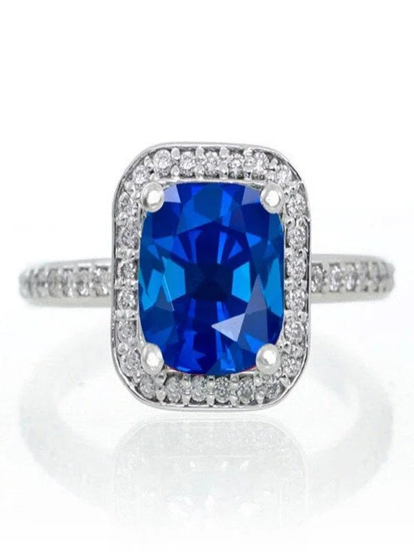 1.5 Carat Princess Cut Sapphire Halo Engagement Ring in 14k White Gold W8389