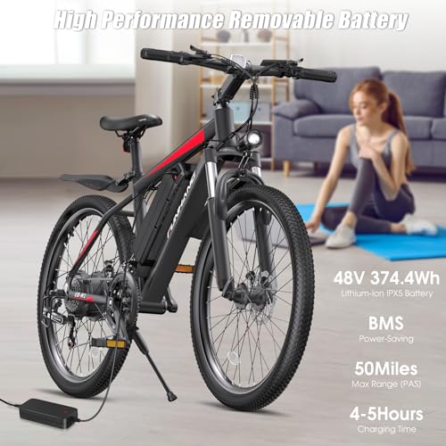 26" Electric Mountain Bike with 48V 374.4WH Battery, 21 Speed B121