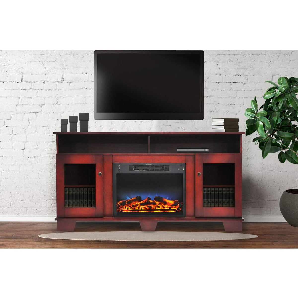 Cherry Electric Fireplace with Entertainment Stand R158533