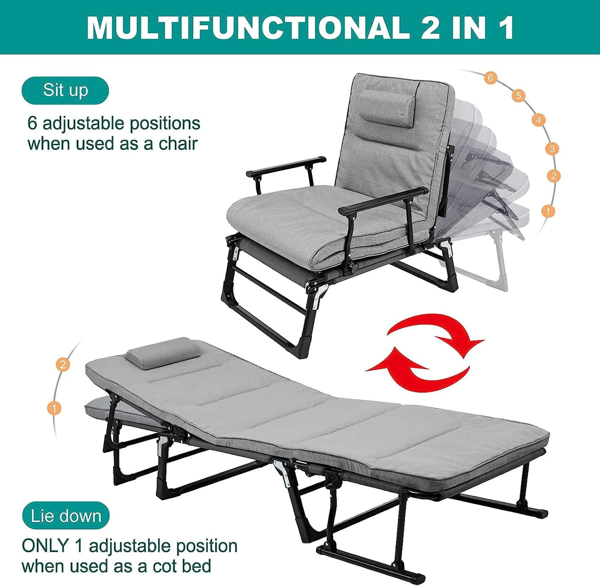 3 in 1 Folding Camping Cot Bed with Mattress & Pillow O173