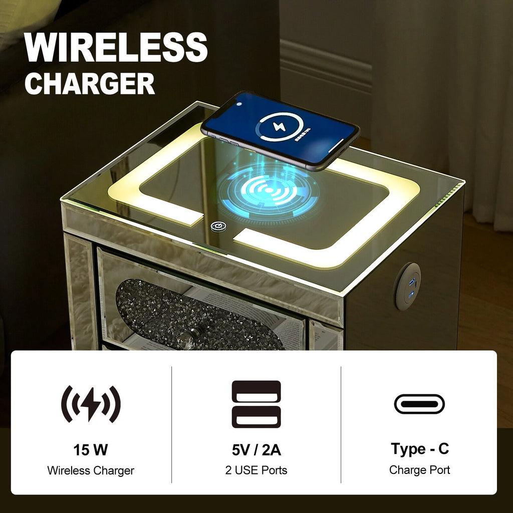 3 Drawer Mirrored Nightstand with Wireless Charging Station I3414
