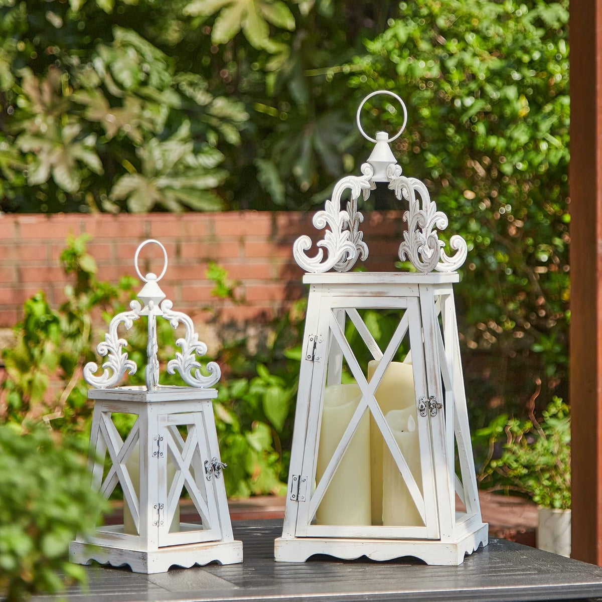 Set of 2 Natural Wood Metal Candle Lanterns Z79595