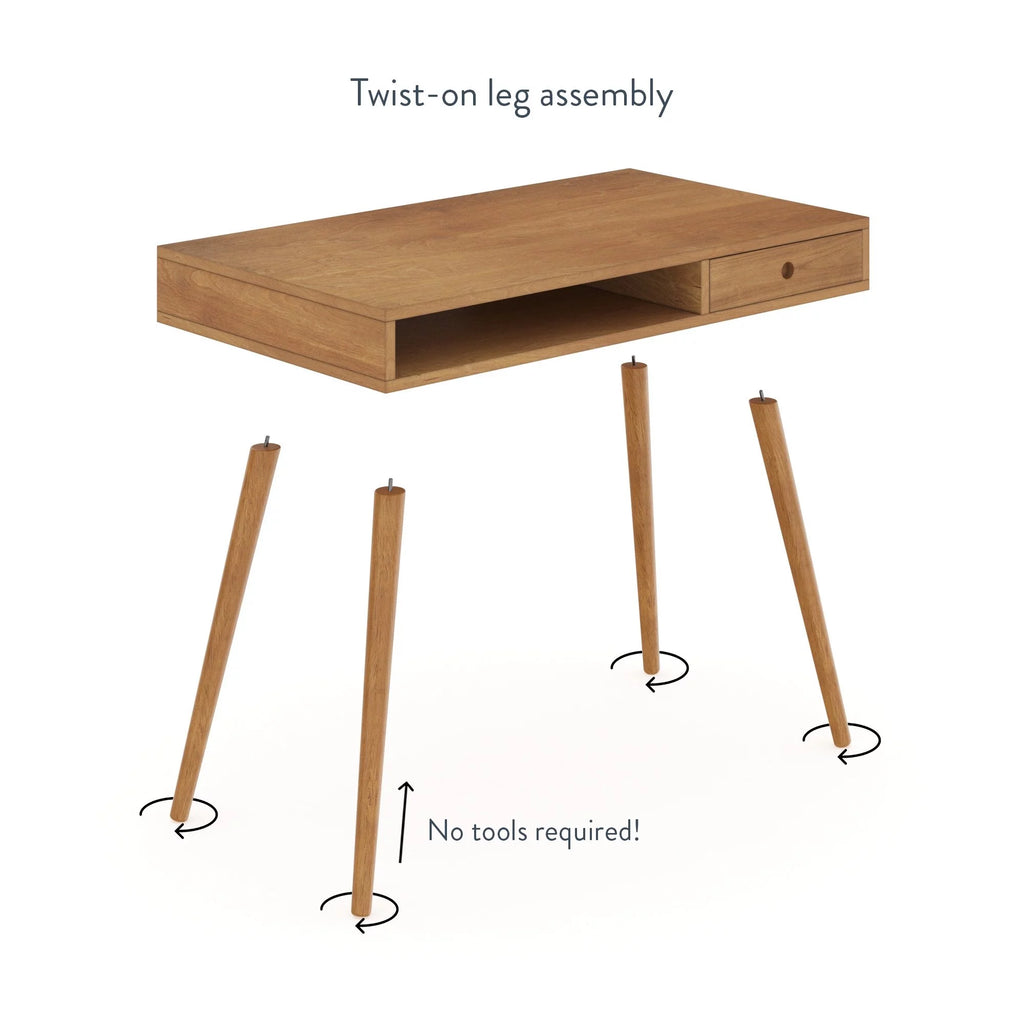 Modern Home Office Desk in Walnut Wood with Open Storage Cubby and Small Drawer Q692710