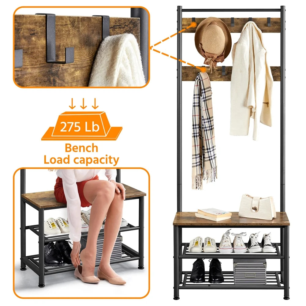 Rustic Brown Wooden Entryway Coat Rack with Shoe Storage Bench H20236