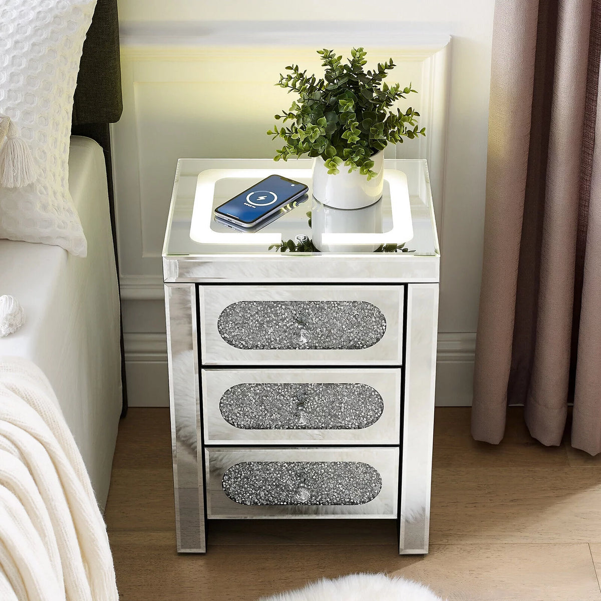3 Drawer Mirrored Nightstand with Wireless Charging Station I3414
