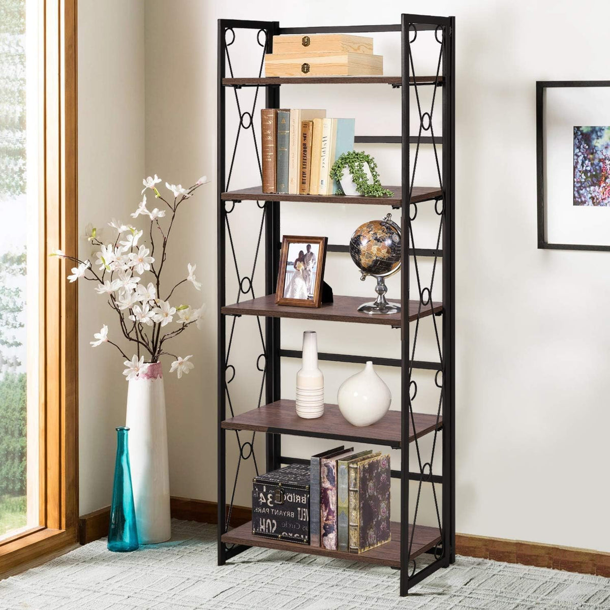 5 Tier Dark Brown Metal Frame Bookshelf A1925