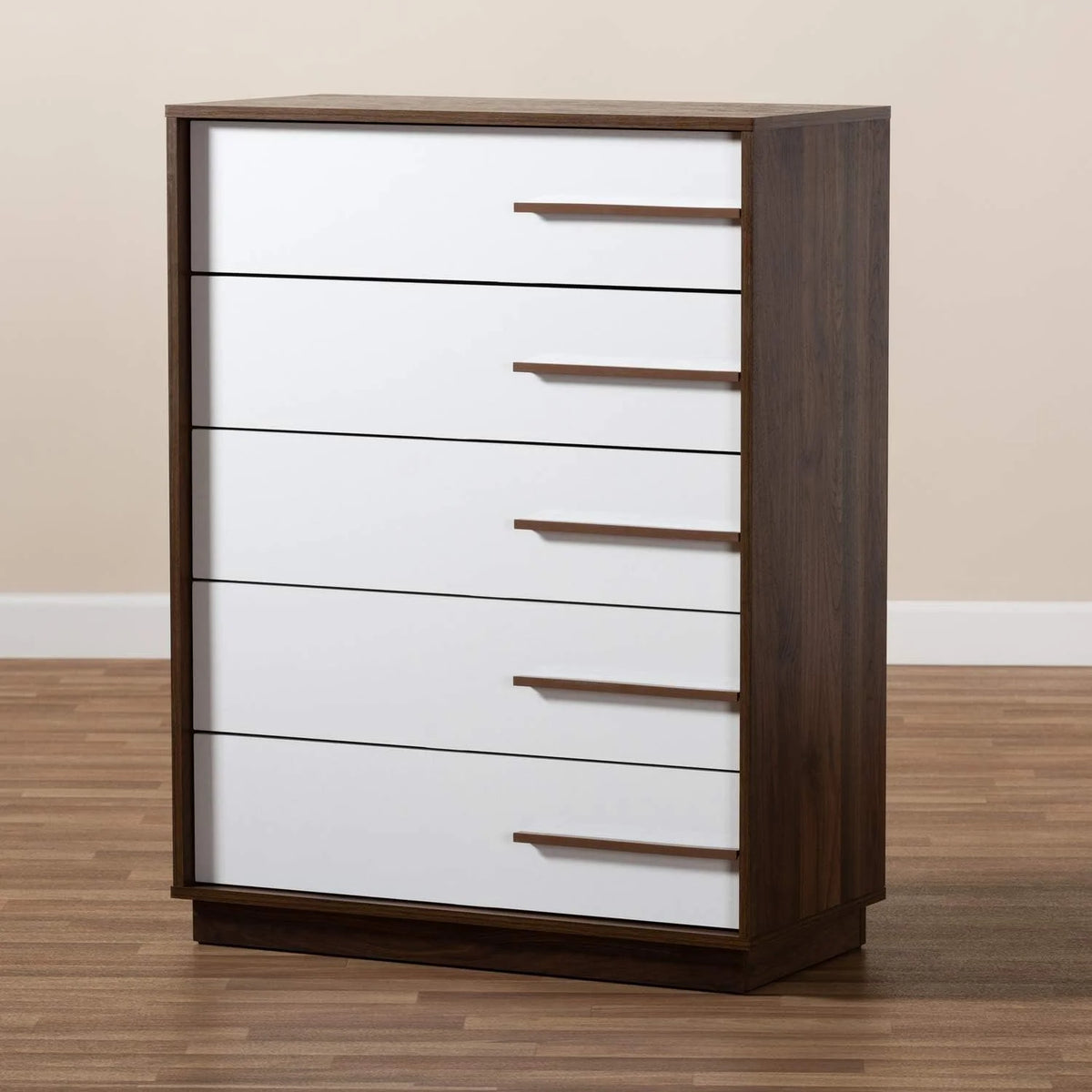 Two-Tone White And Walnut 5-Drawer Wood Chest R974507