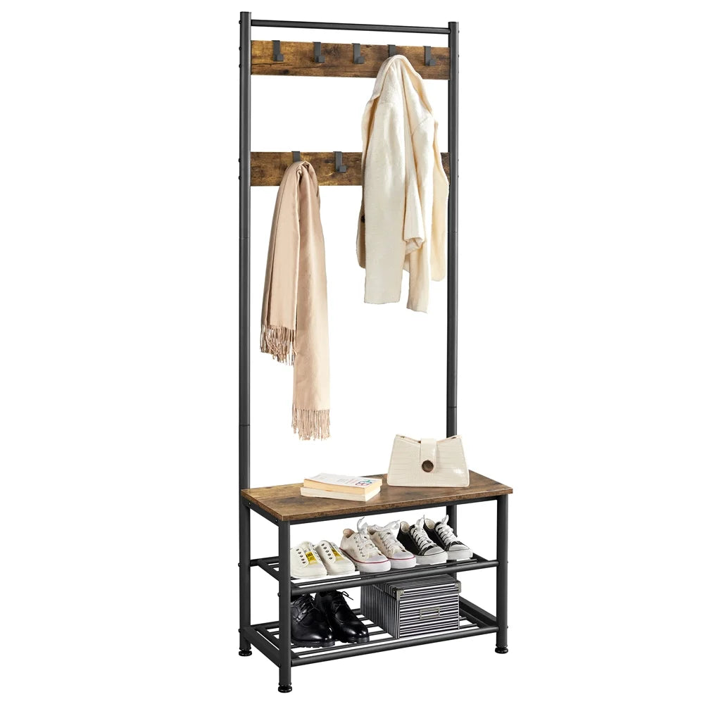 Rustic Brown Wooden Entryway Coat Rack with Shoe Storage Bench H20236