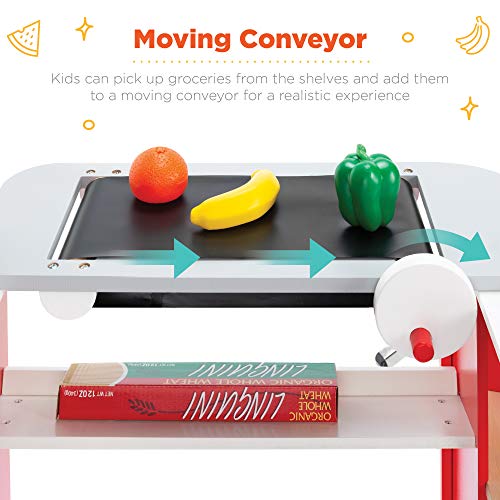 Red Wooden Supermarket Toy Set with Play Food, Cash Register, Conveyor J234611