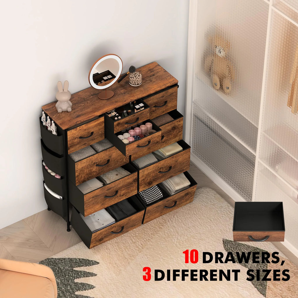 Brown 10 Drawer Fabric Dresser with Side Pockets and Hooks R660