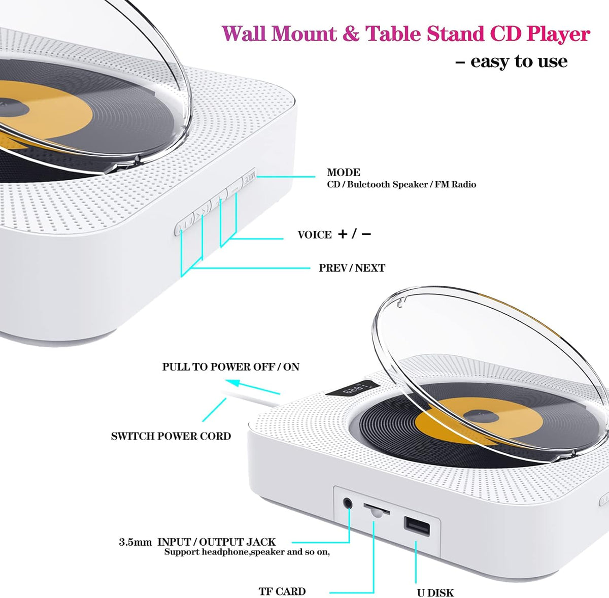 Portable CD Player with Bluetooth, FM Radio, Built-in Speakers, USB Port, AUX Input, LCD Display, Pack of 2 J465959