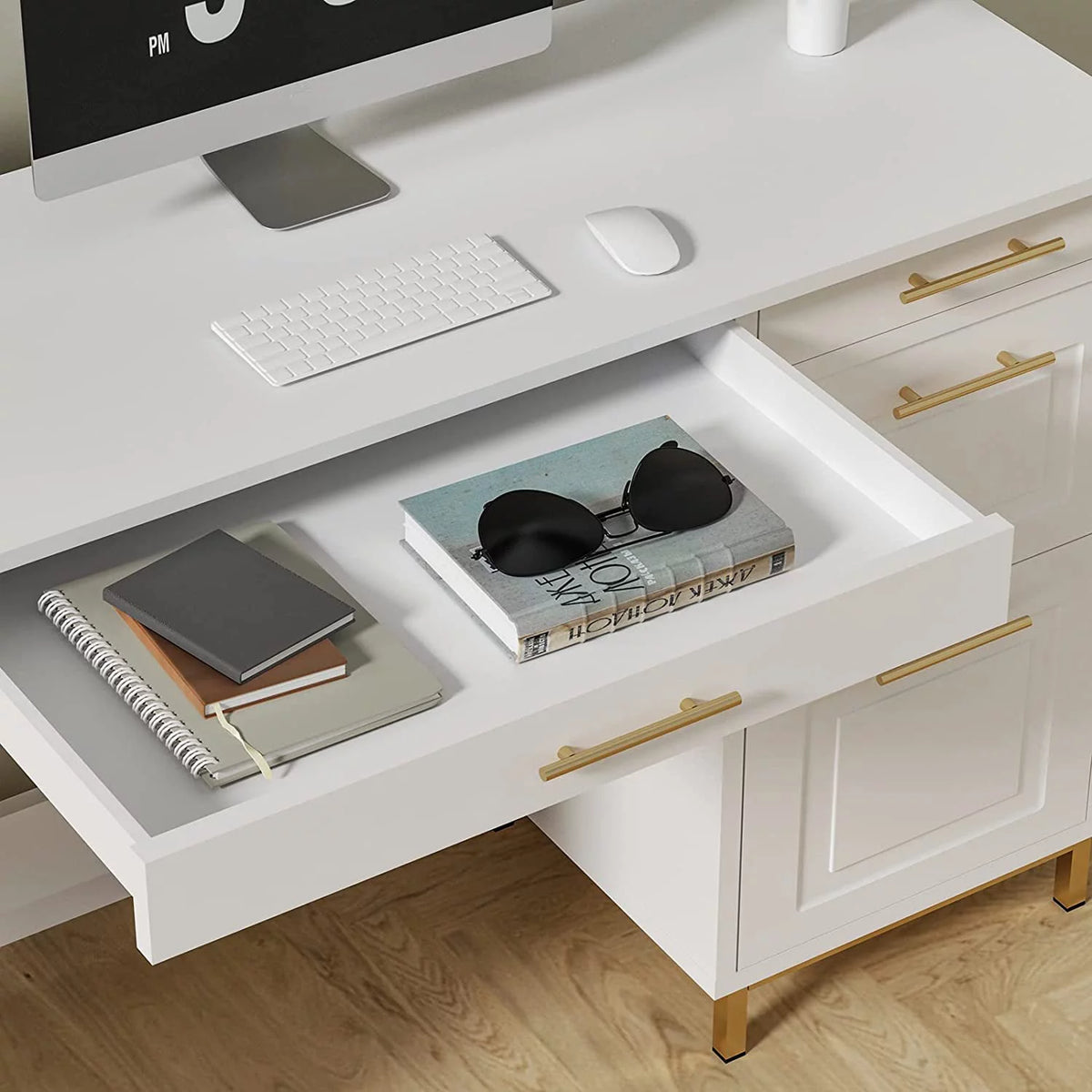 White and Gold Computer Desk with 4 Drawers E97203
