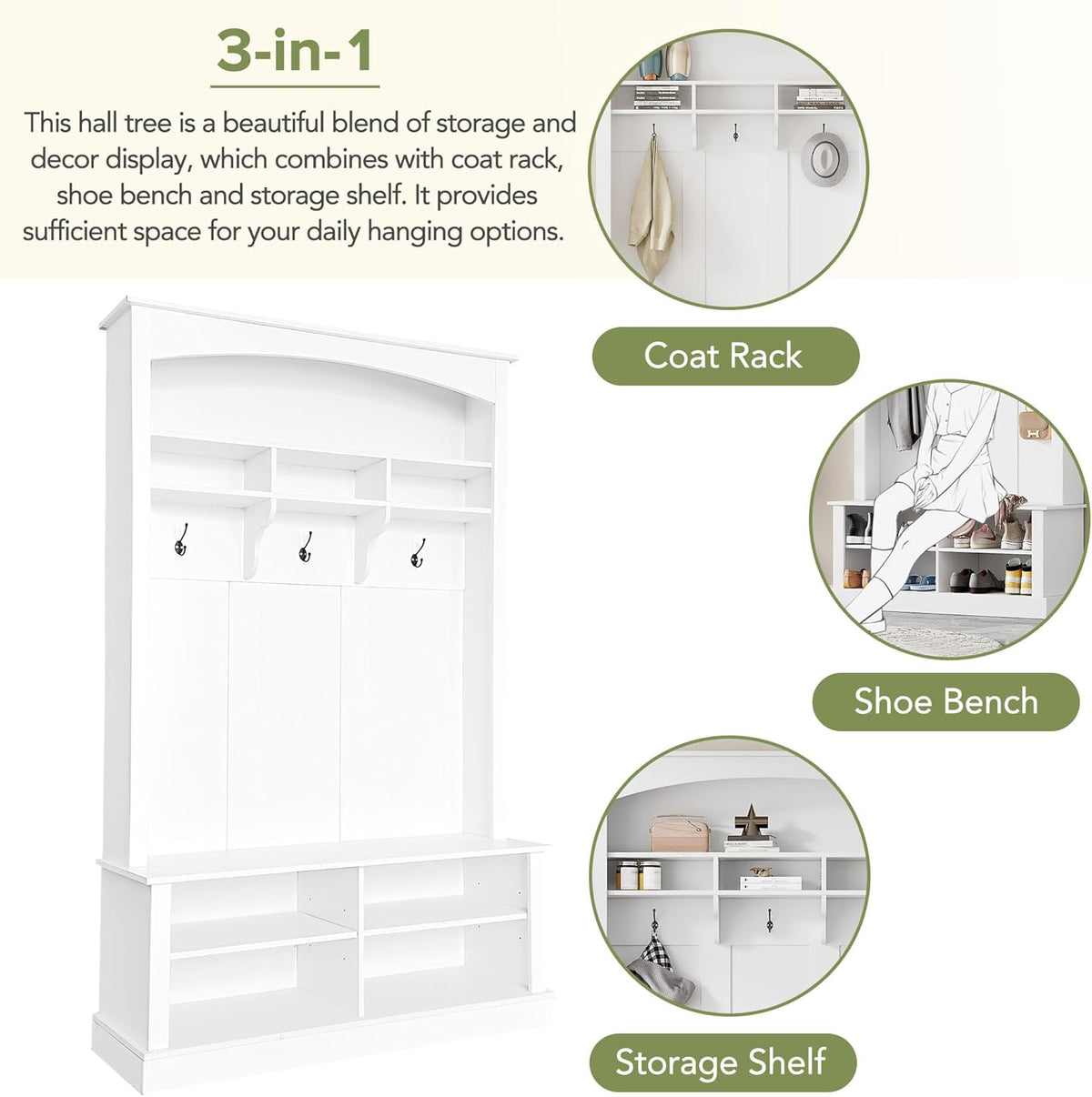 White 47.2'' Wide Hall Tree Bench with Hooks J328198