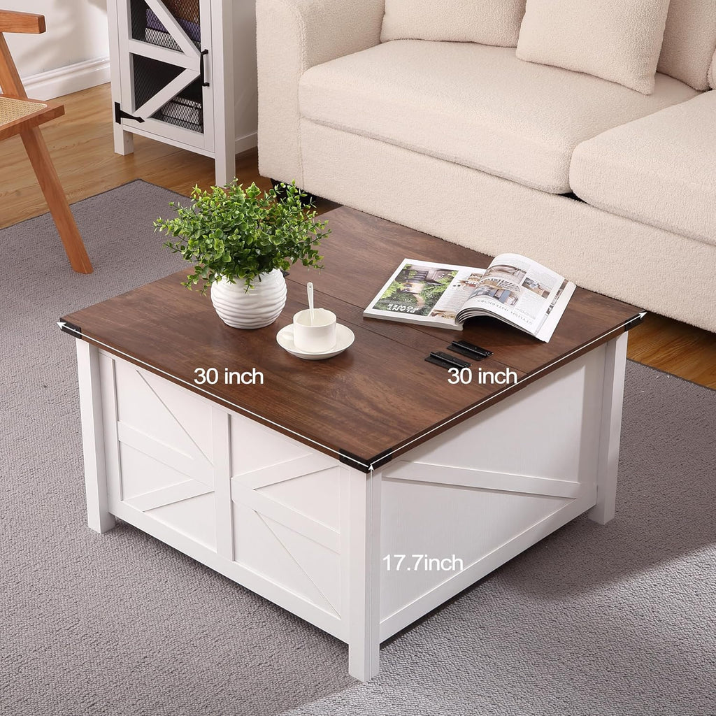 Farmhouse Square Coffee Table with Large Hidden Storage Compartment A610