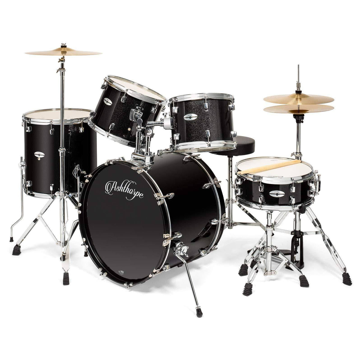 5-Piece Full Size Adult Drum Set with Brass Cymbals Chrome Hardware Black U841163