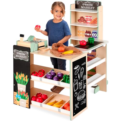 Red Wooden Supermarket Toy Set with Play Food, Cash Register, Conveyor J234611