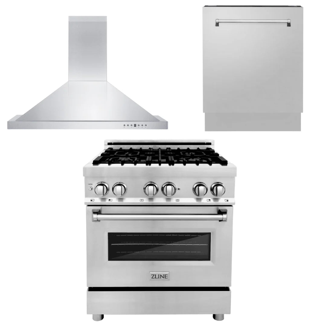 30 in. Dual Fuel Range, Range Hood, 3 Rack Dishwasher R370589