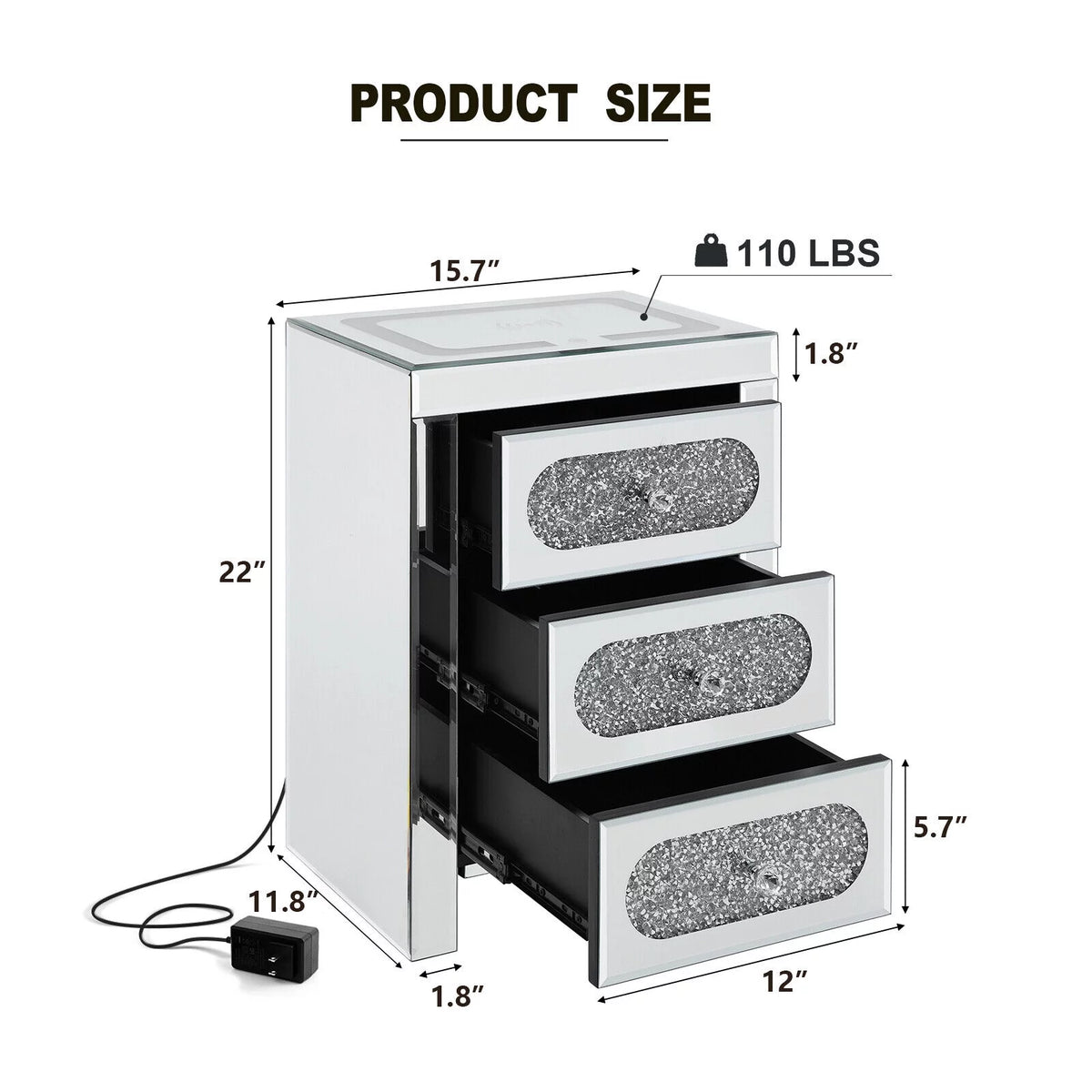 3 Drawer Mirrored Nightstand with Wireless Charging Station I3414