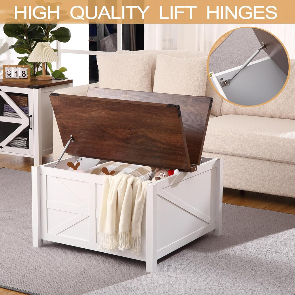 Farmhouse Square Coffee Table with Large Hidden Storage Compartment A610