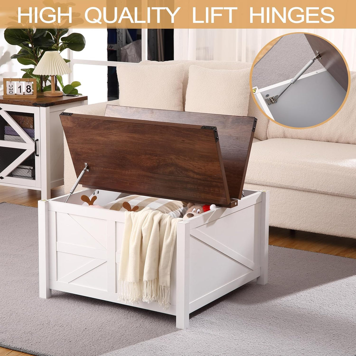 Farmhouse Square Coffee Table with Large Hidden Storage Compartment A610