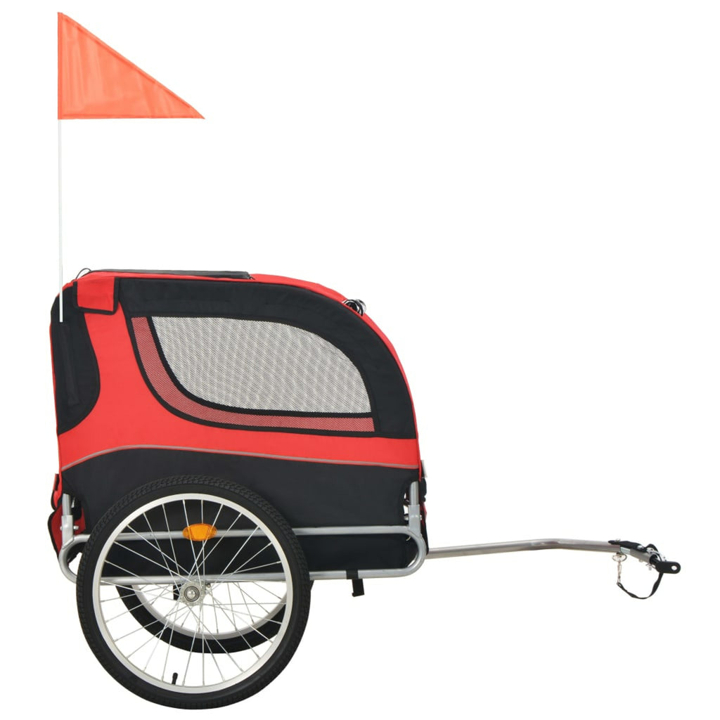 Red Black Folding Dog Bike Trailer with Mesh Windows and Safety Flag J33839