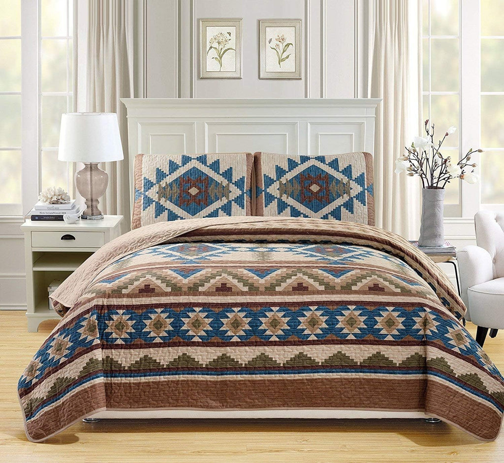 Oversized Bedspread Quilt Set in Beige Taupe Brown Blue Green (Full/Queen) H147
