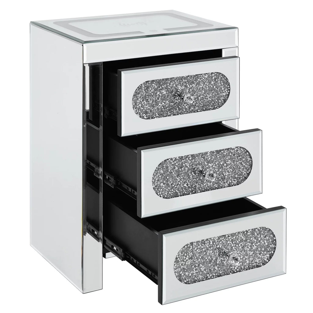 3 Drawer Mirrored Nightstand with Wireless Charging Station I3414