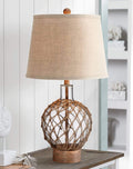Coastal Nautical Table Lamp Clear Glass Wood Rope Burlap Drum Shade P226
