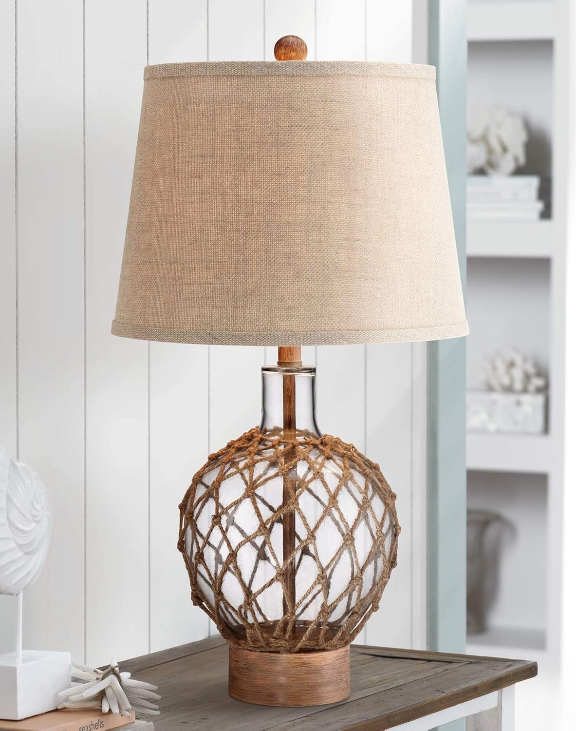 Coastal Nautical Table Lamp Clear Glass Wood Rope Burlap Drum Shade P226
