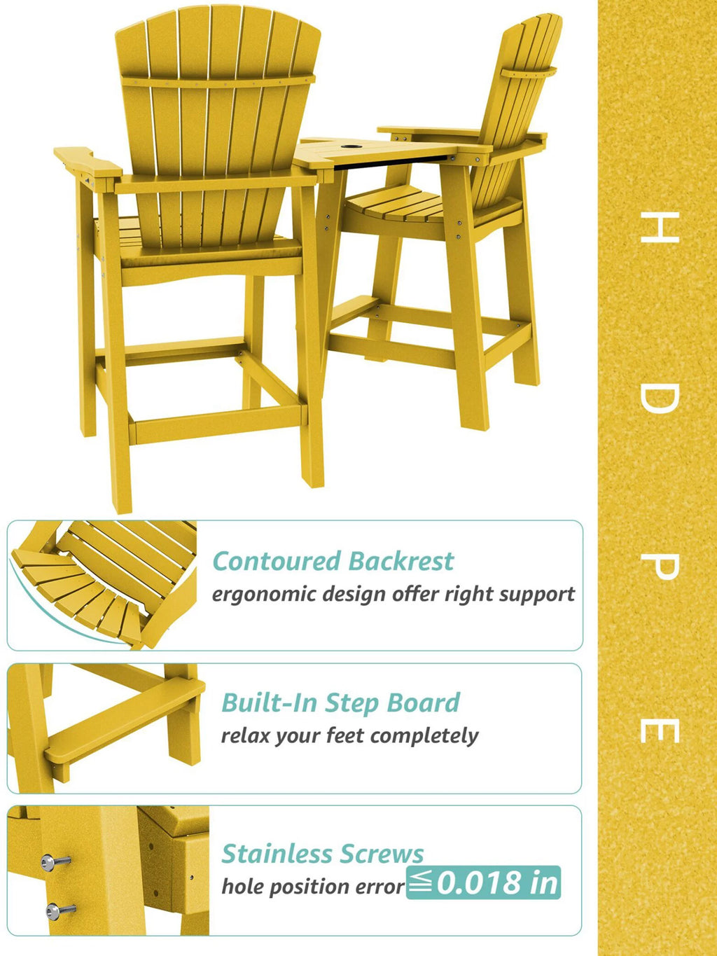 Tall Adirondack Chair Set with 2 Outdoor Barstools and Connecting Tray V484499
