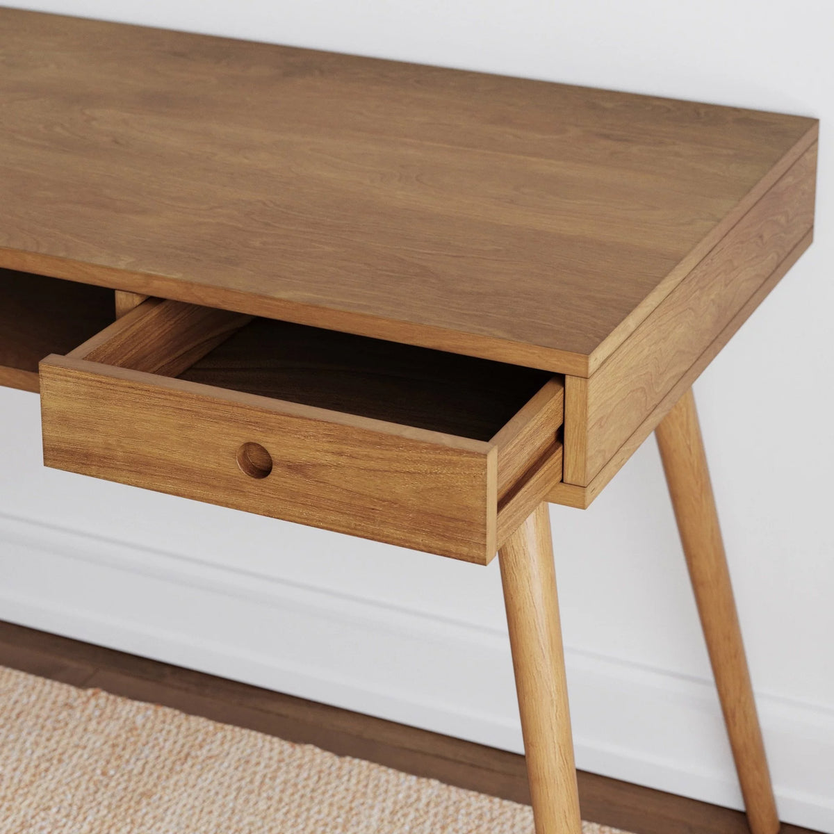Modern Home Office Desk in Walnut Wood with Open Storage Cubby and Small Drawer Q692710