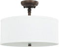 Three Light Semi-Flush Mount Burnished Bronze Frosted Glass White Fabric Shade P342