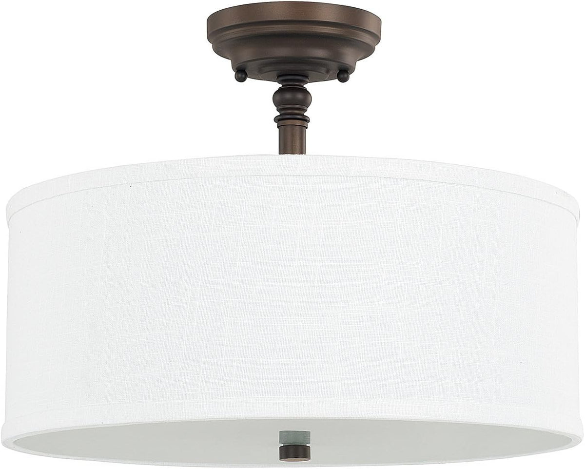Three Light Semi-Flush Mount Burnished Bronze Frosted Glass White Fabric Shade P342