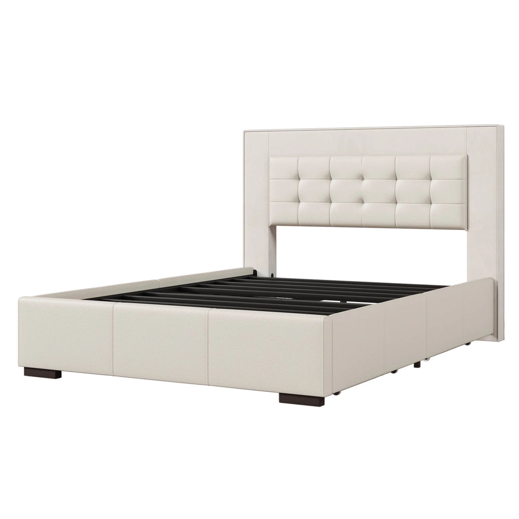 Queen Platform Bed Frame with Four Drawers Beige U990304