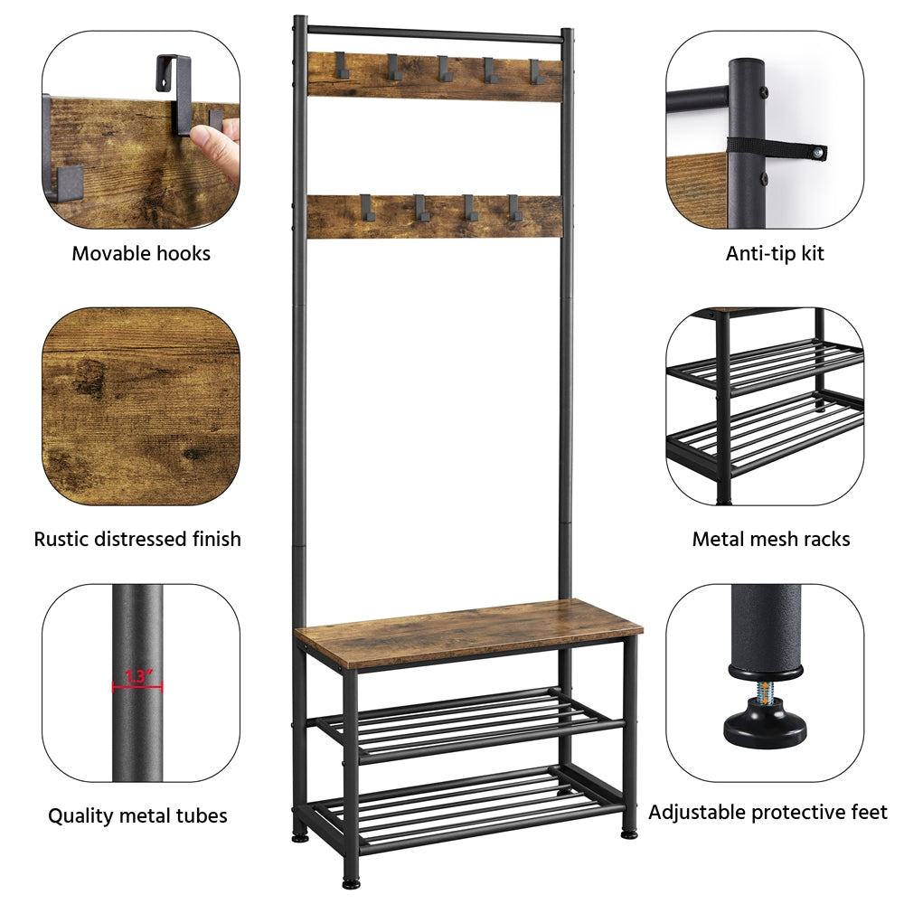 Rustic Brown Wooden Entryway Coat Rack with Shoe Storage Bench H20236