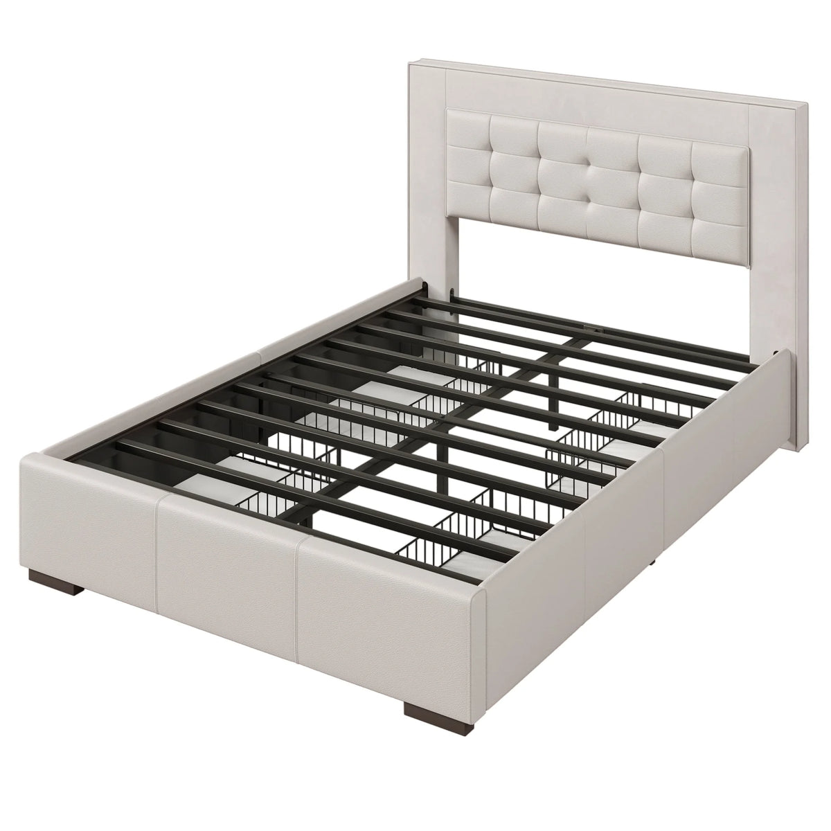 Queen Platform Bed Frame with Four Drawers Beige U990304